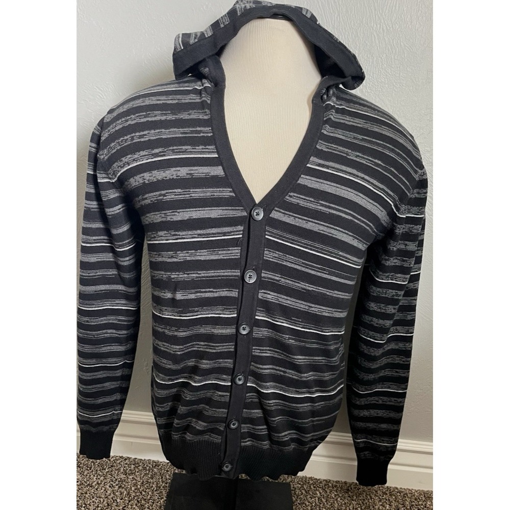 XG‎ Premium Quality V-Neck Button Up Hooded Black Mens Sweater Size Medium